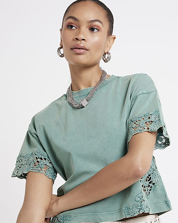 Green lace panel t-shirt