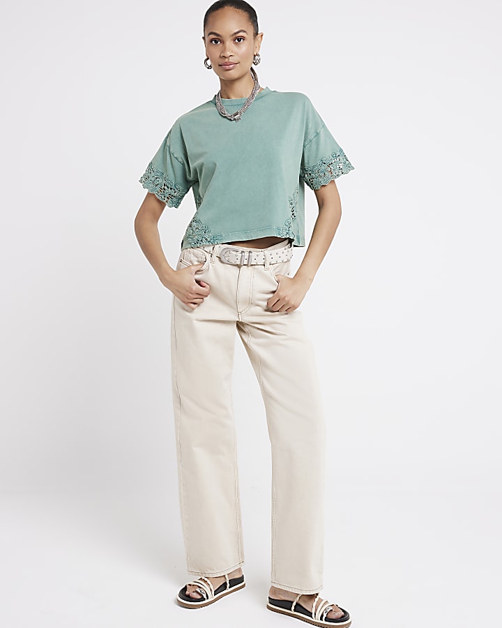 Green lace panel t-shirt