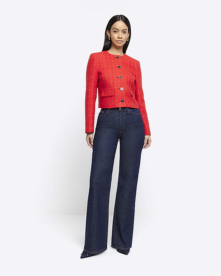 Red Boucle Crop Trophy Jacket River Island