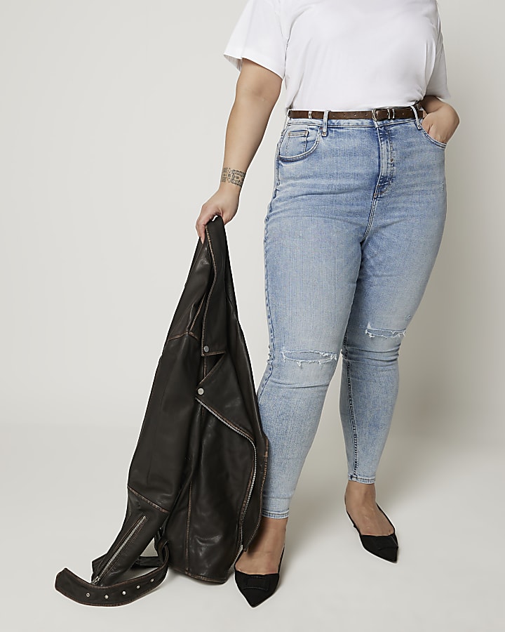 Plus blue high waisted ripped skinny jeans