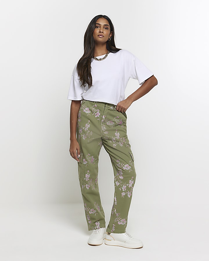 Khaki embroidered floral cargo trousers River Island