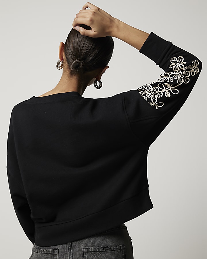 Black broderie floral sweatshirt