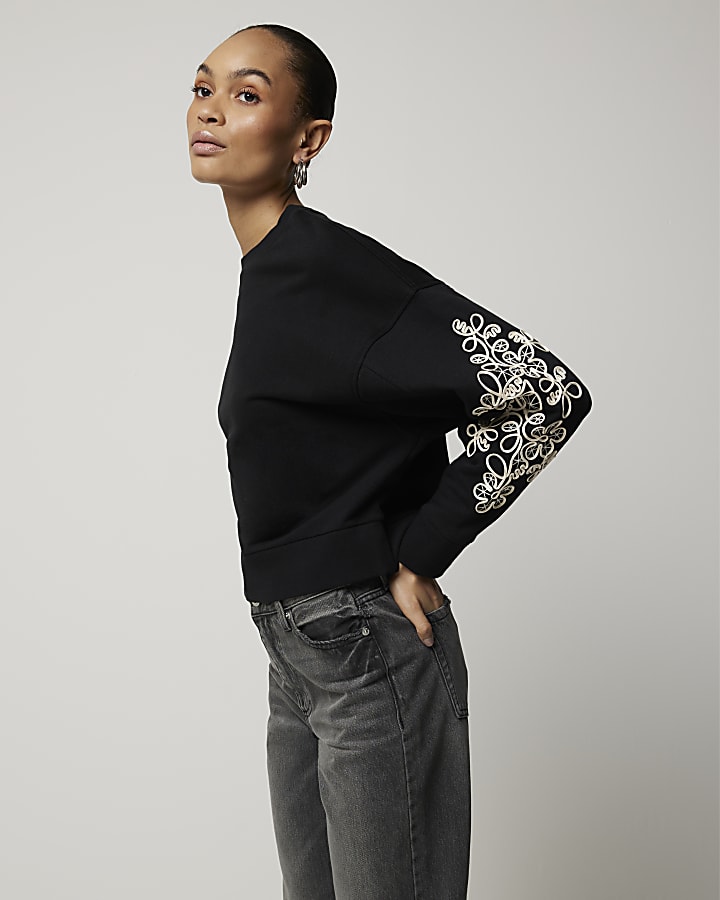 Black broderie floral sweatshirt