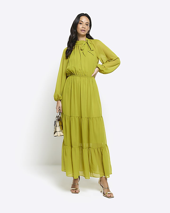 Green bow swing midi dress