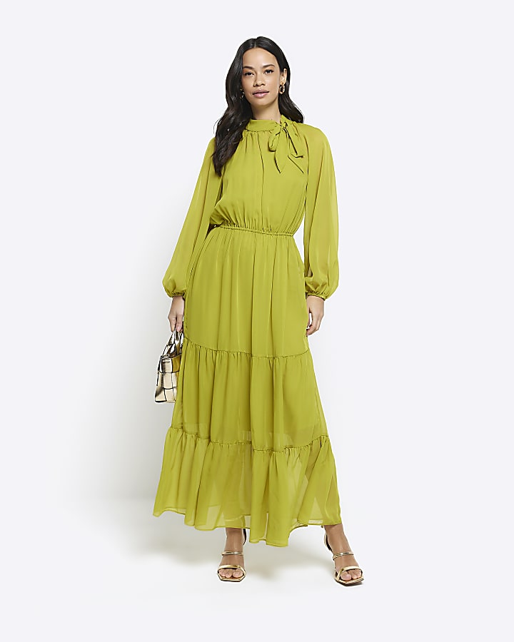 Green bow swing midi dress