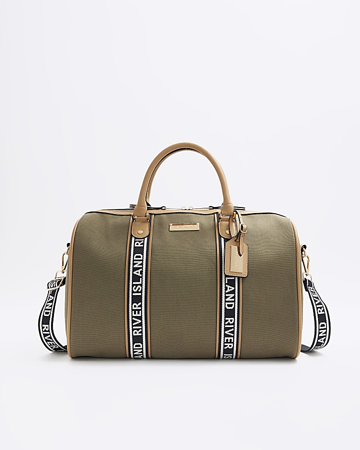 Khaki canvas webbing travel bag River Island