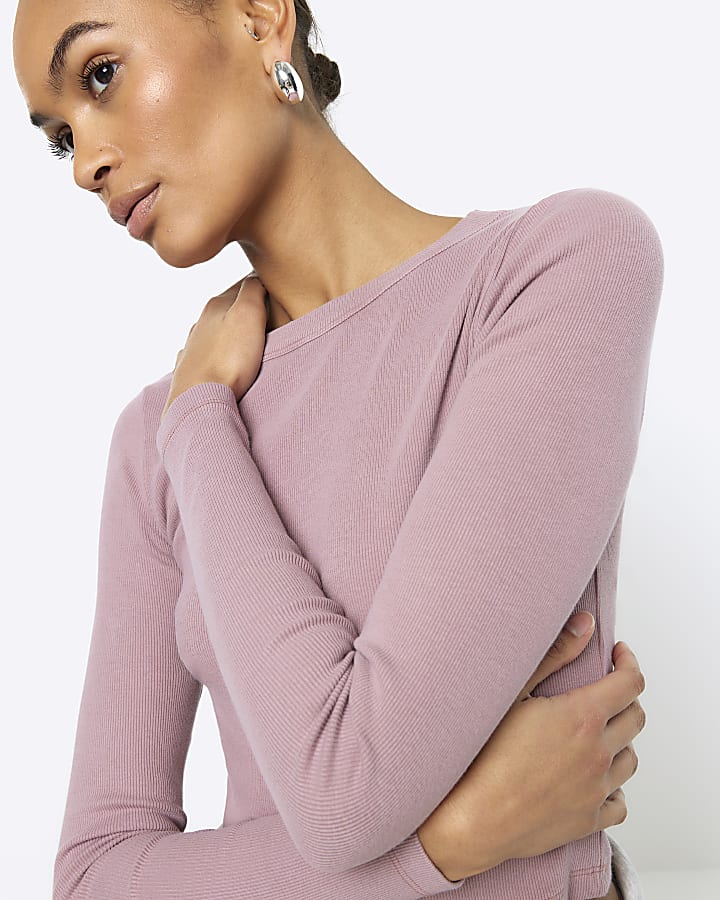 Pink Long Sleeve ribbed Cropped Top
