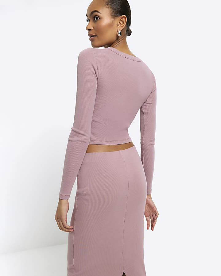 Pink Long Sleeve ribbed Cropped Top