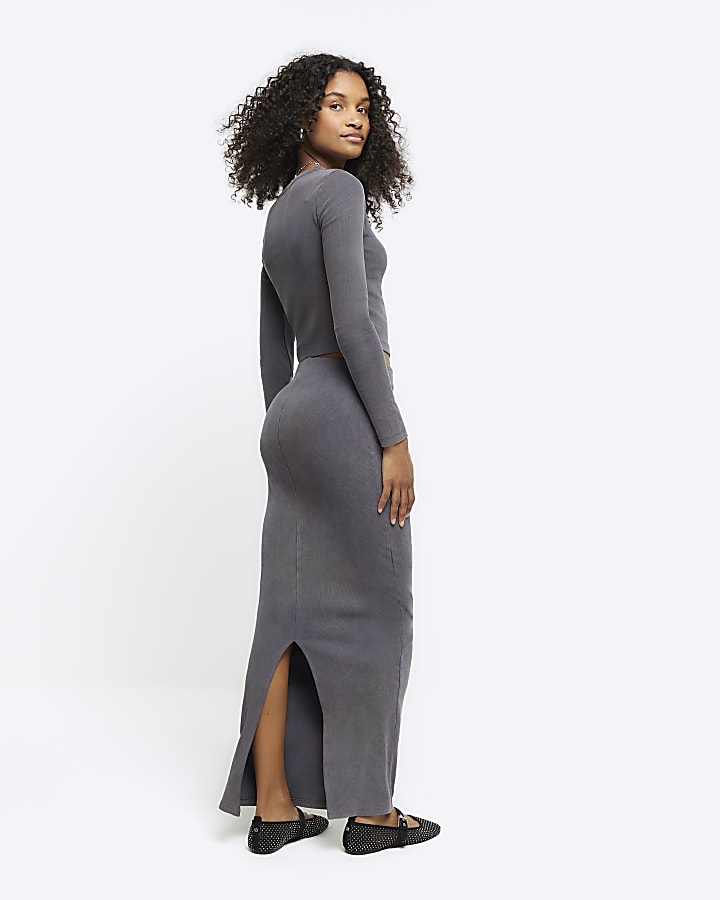 Grey rib pencil midi skirt