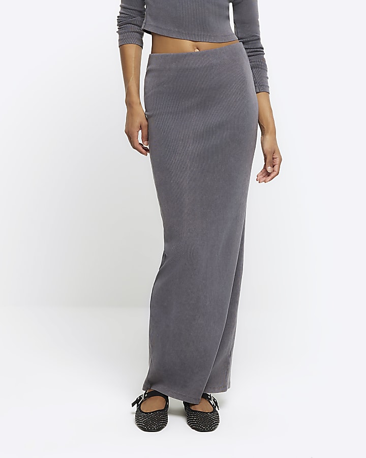 Grey rib pencil midi skirt