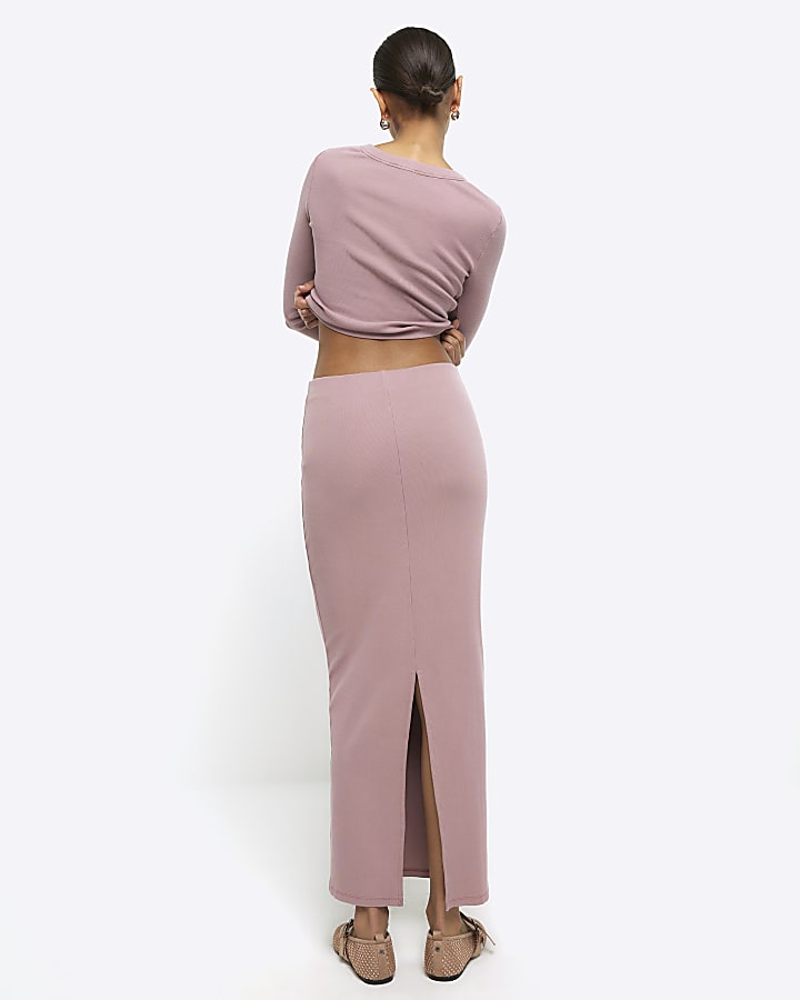 Pink rib pencil midi skirt