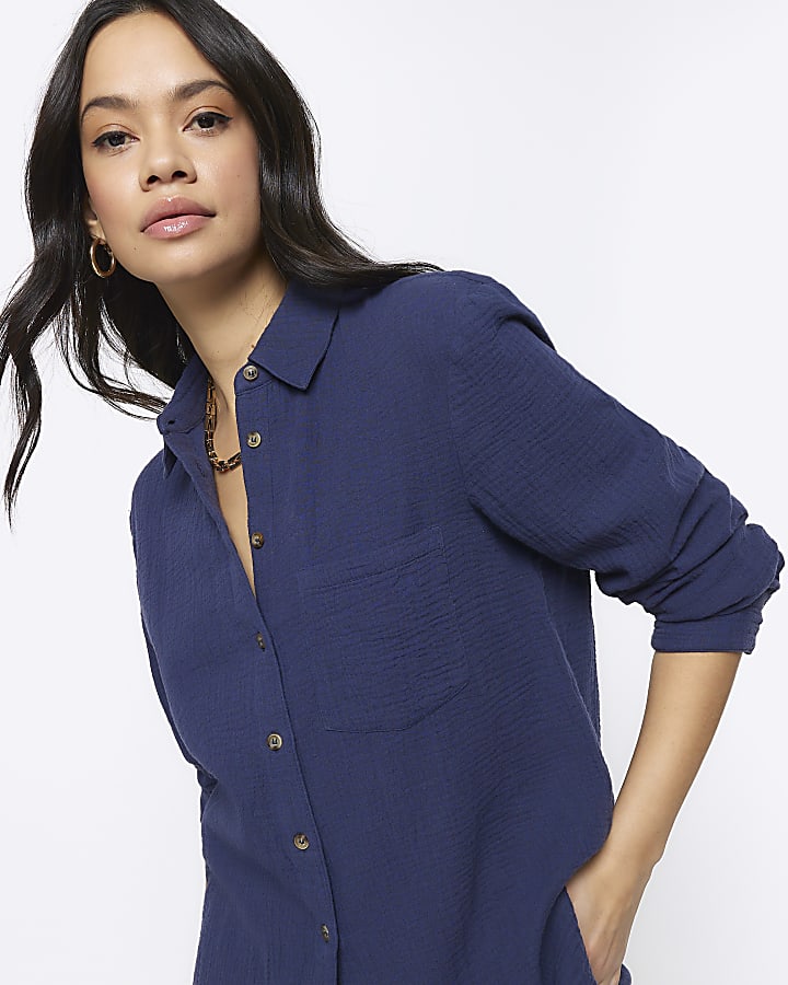 Navy textured long sleeve shirt