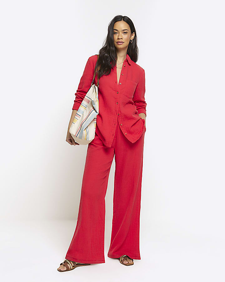 Red textured long sleeve shirt