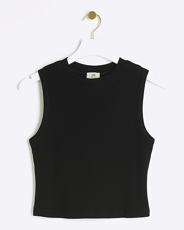 Petite black rib high neck tank top