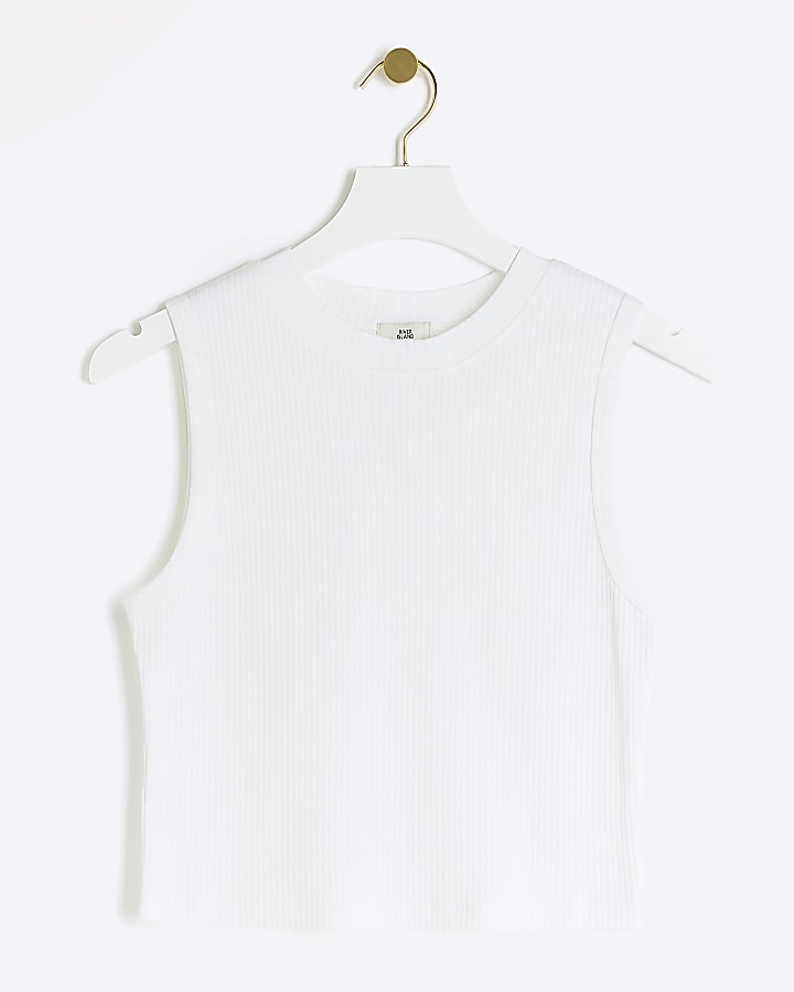 Petite white rib high neck tank top