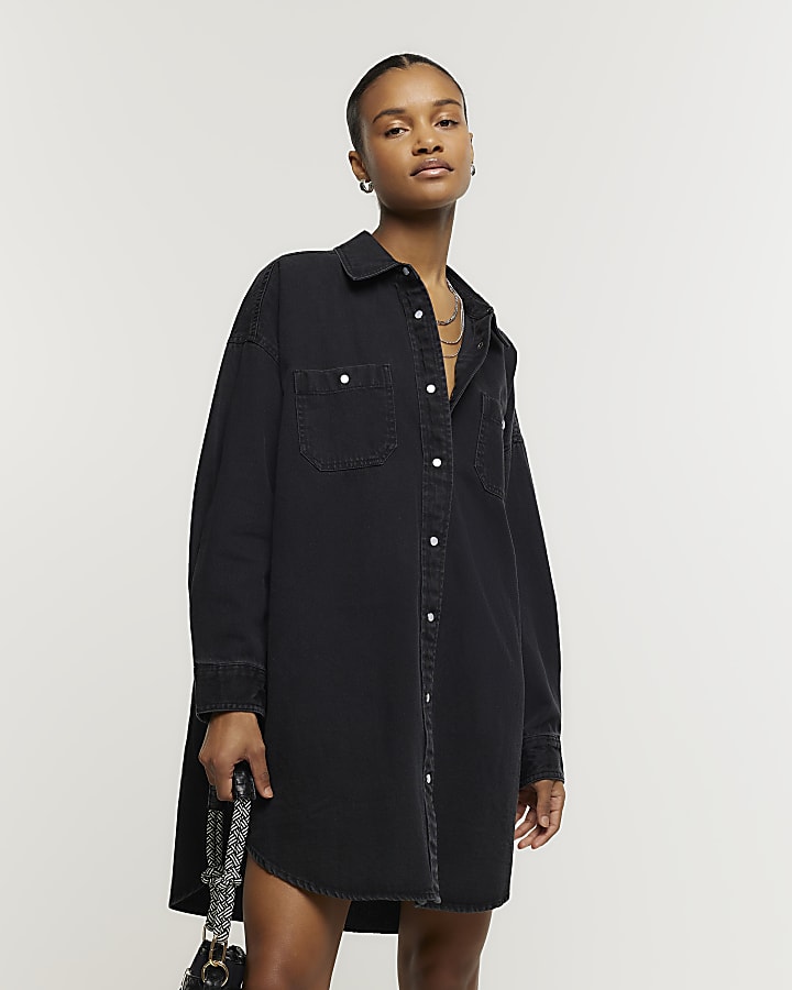 Black denim oversized mini shirt dress River Island