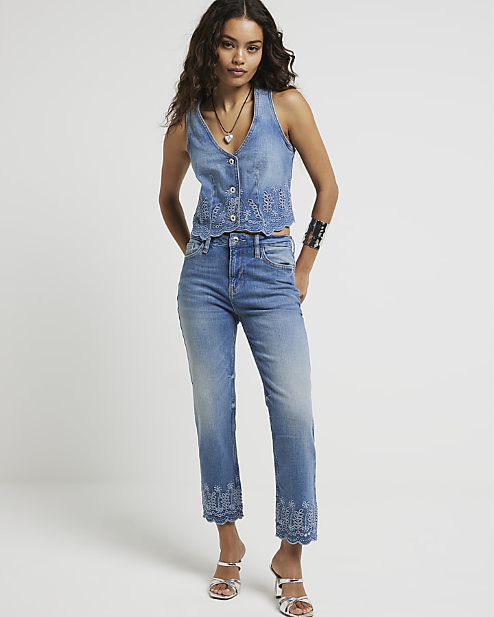 Petite blue broderie denim waistcoat