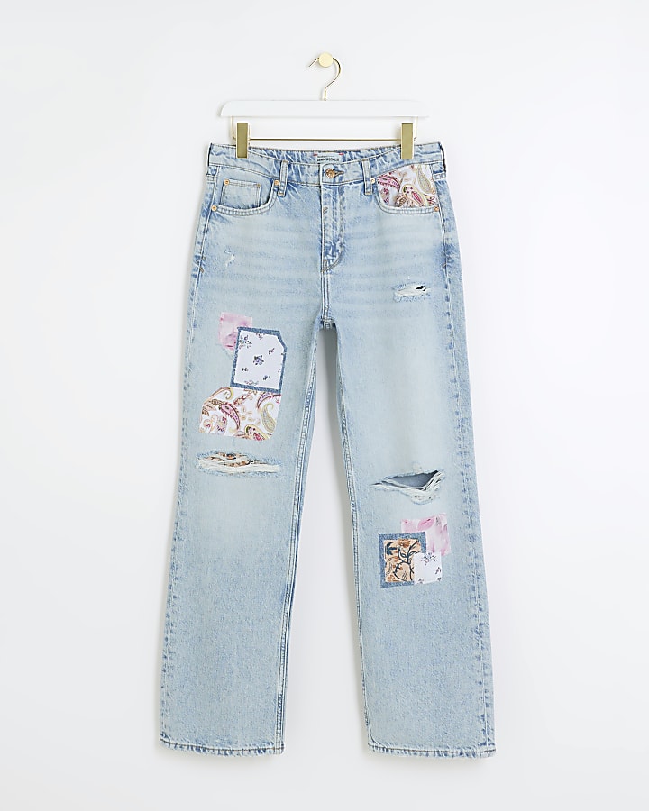 Petite blue patch stove straight jeans