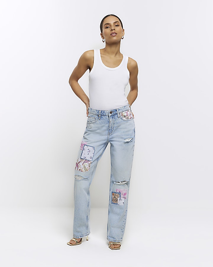 Petite blue patch stove straight jeans