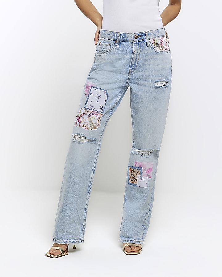 Petite blue patch stove straight jeans