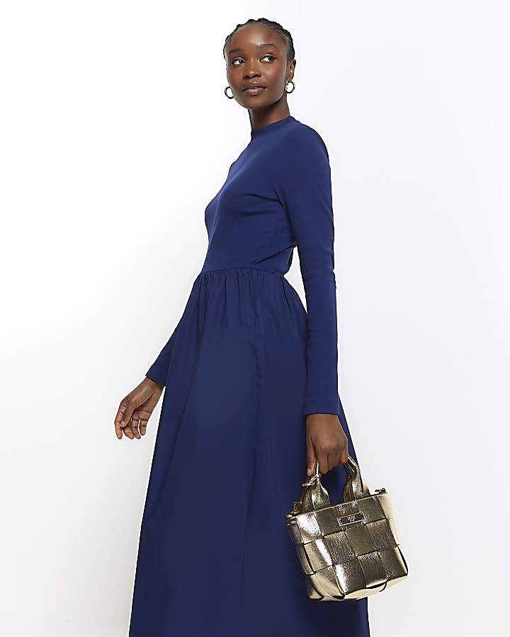 Navy rib long sleeve smock midi dress