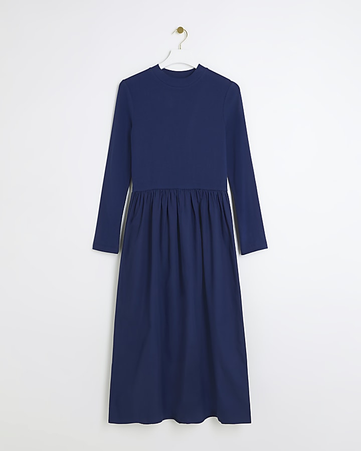 Navy rib long sleeve smock midi dress