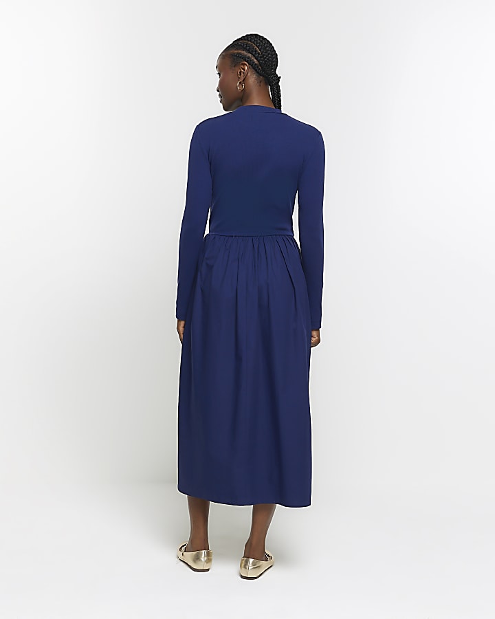 Navy rib long sleeve smock midi dress