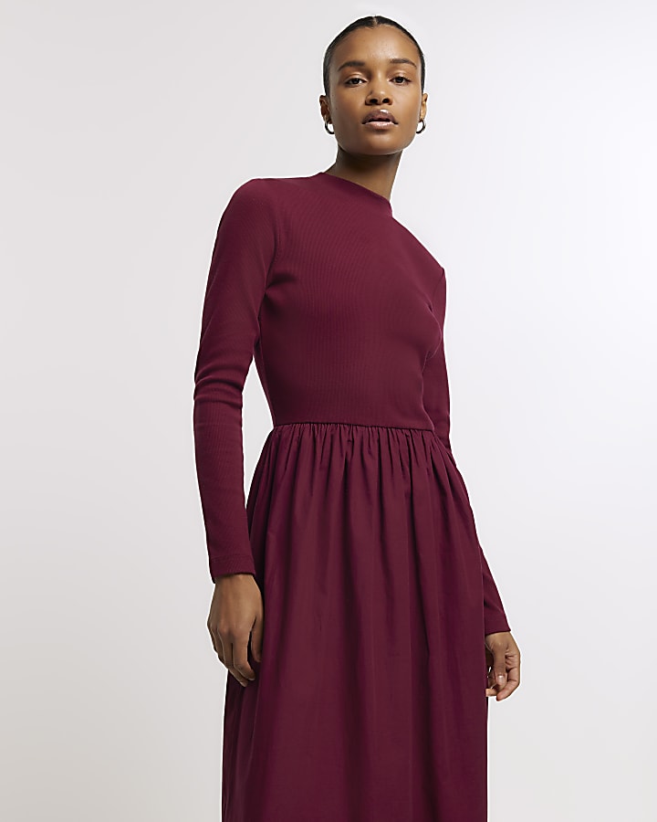 Red rib long sleeve smock midi dress