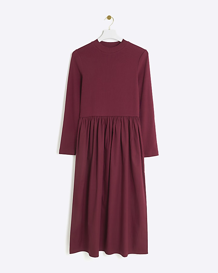 Red rib long sleeve smock midi dress