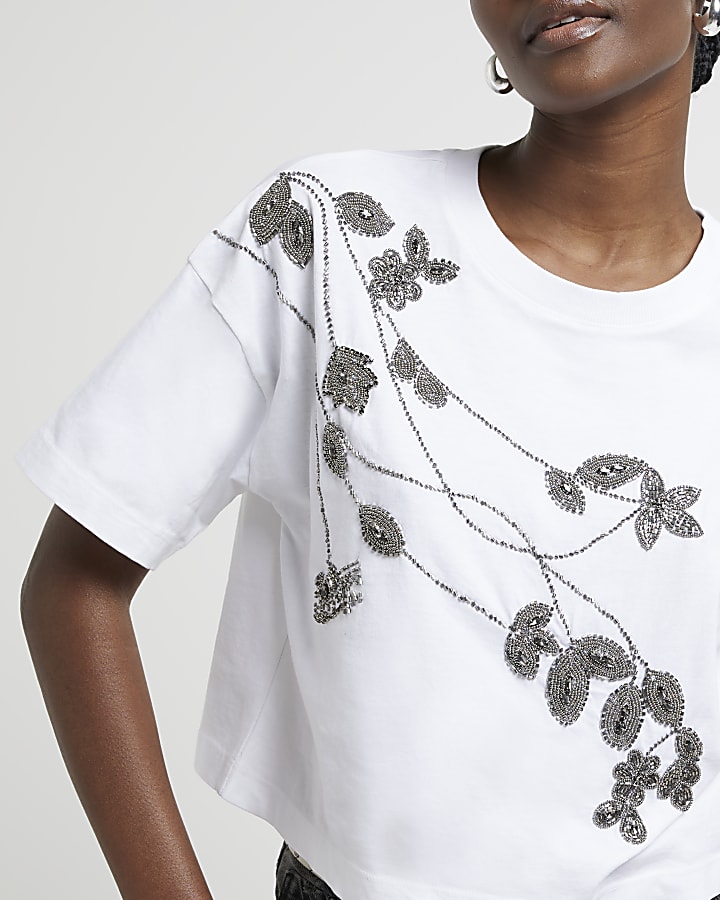 Beige floral embellished t-shirt