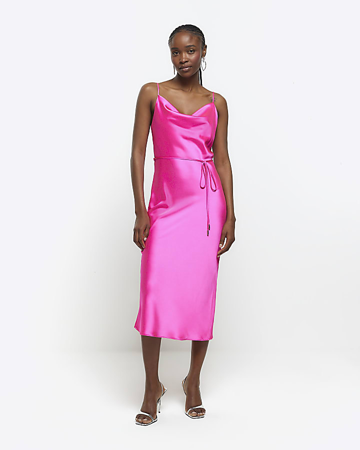 Pink satin cowl neck slip midi dress River Island