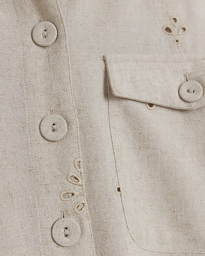Stone linen blend broderie detail shirt