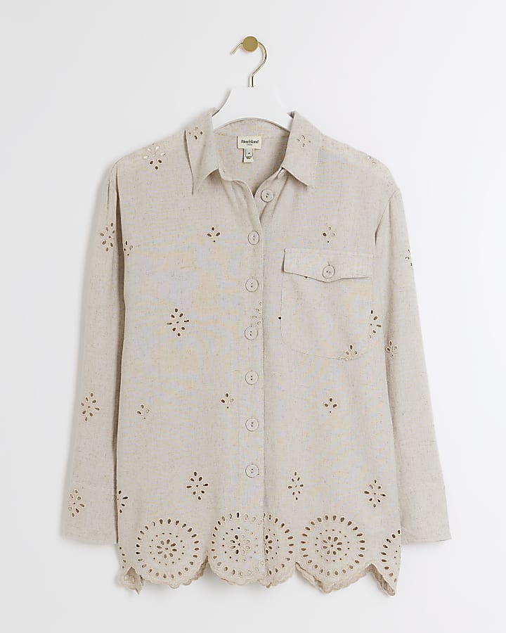 Stone linen blend broderie detail shirt
