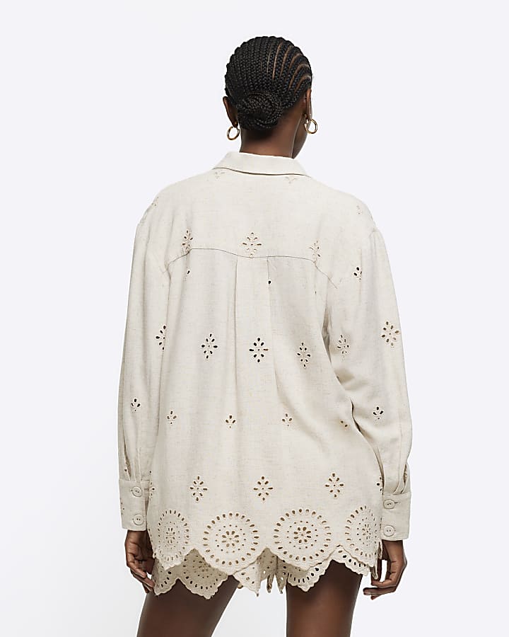 Stone linen blend broderie detail shirt
