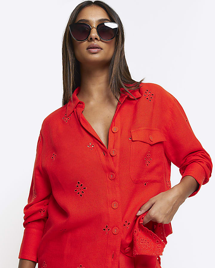 Red linen blend broderie detail shirt