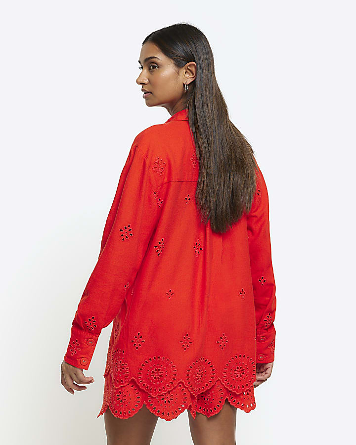 Red linen blend broderie detail shirt