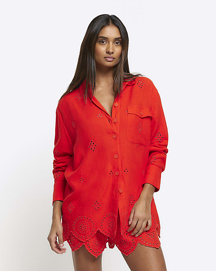Red linen blend broderie detail shirt