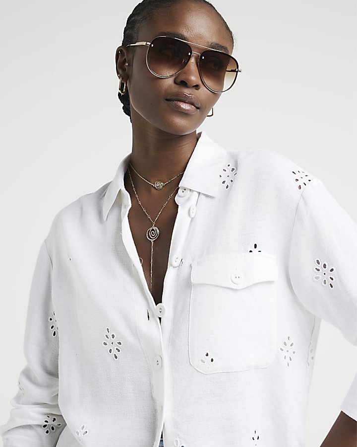 White linen blend broderie detail shirt