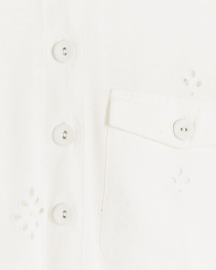 White linen blend broderie detail shirt