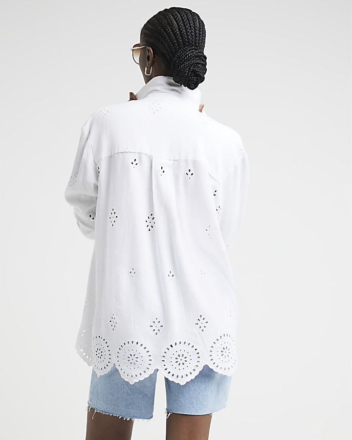 White linen blend broderie detail shirt