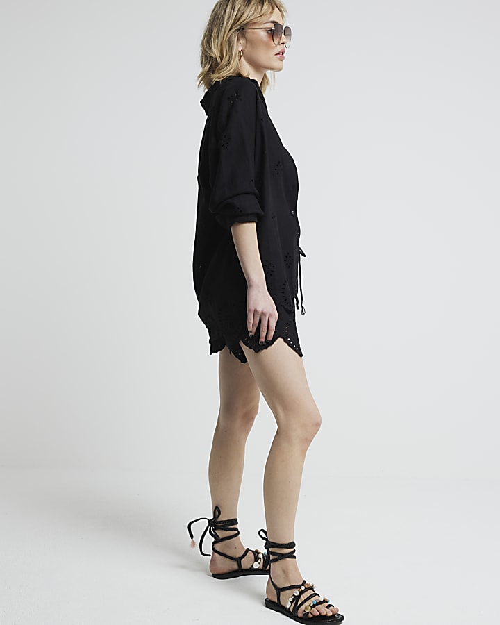 Black linen blend broderie detail shirt