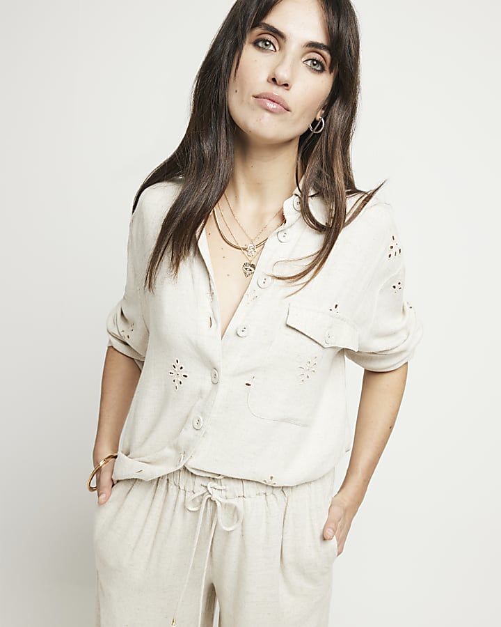 Stone linen blend broderie trousers