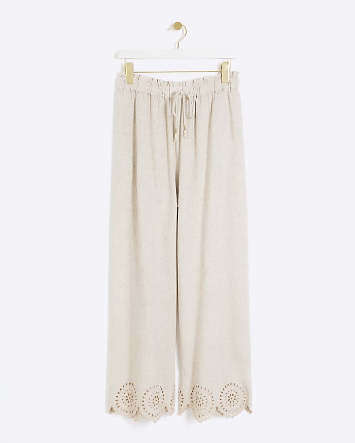 Stone linen blend broderie trousers