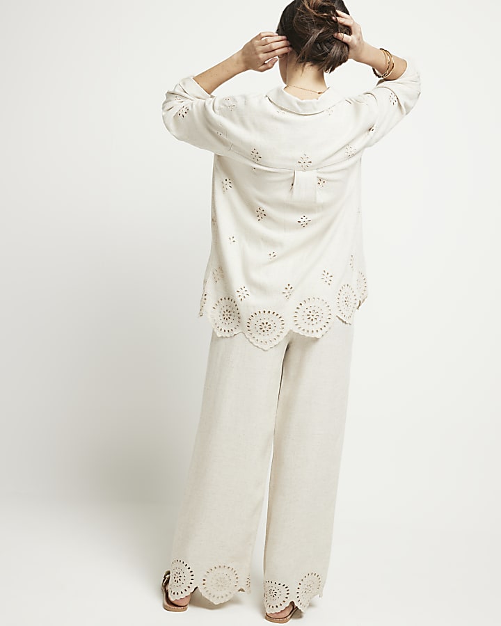 Stone linen blend broderie trousers