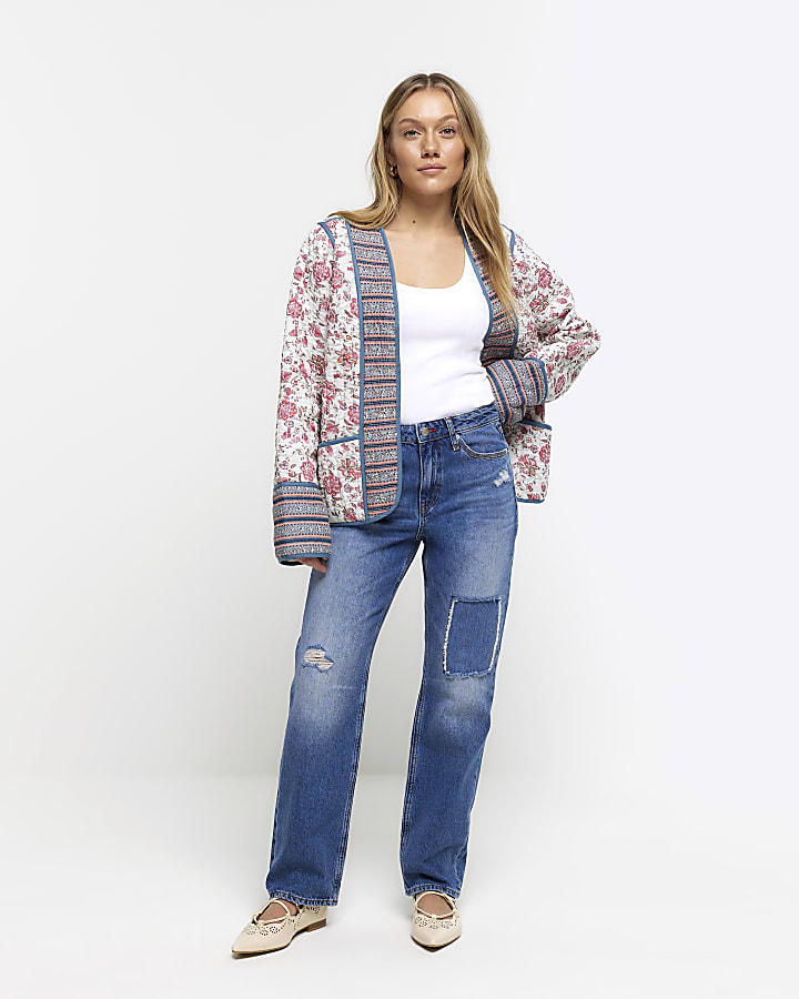 Petite blue patch stove pipe straight jeans