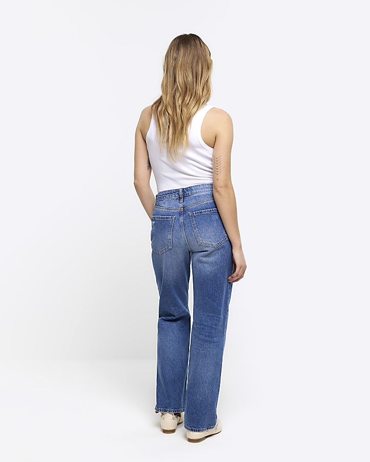 Petite blue patch stove pipe straight jeans