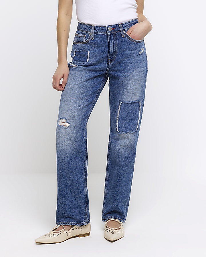 Petite blue patch stove pipe straight jeans