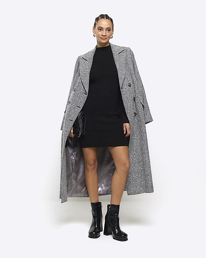 Black rib puff sleeve jumper mini dress