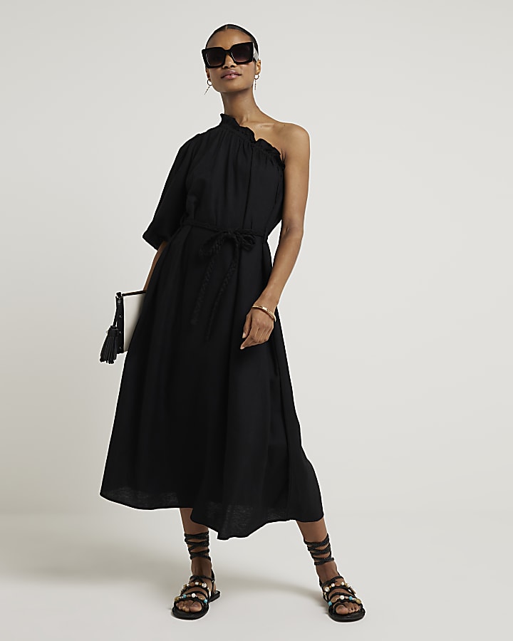 Black linen blend belted shift midi dress River Island