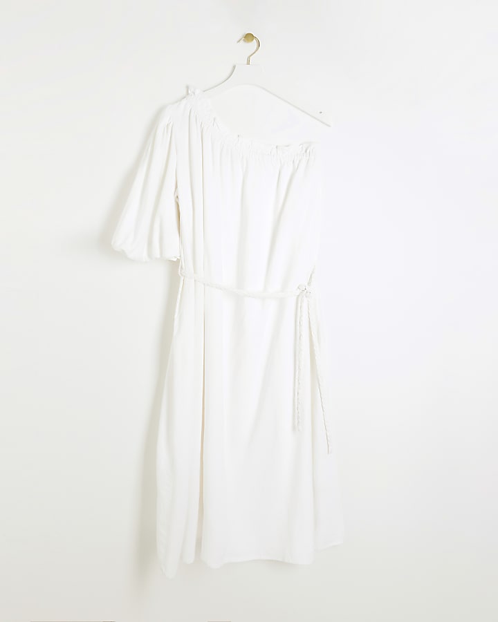 White linen blend belted shift midi dress